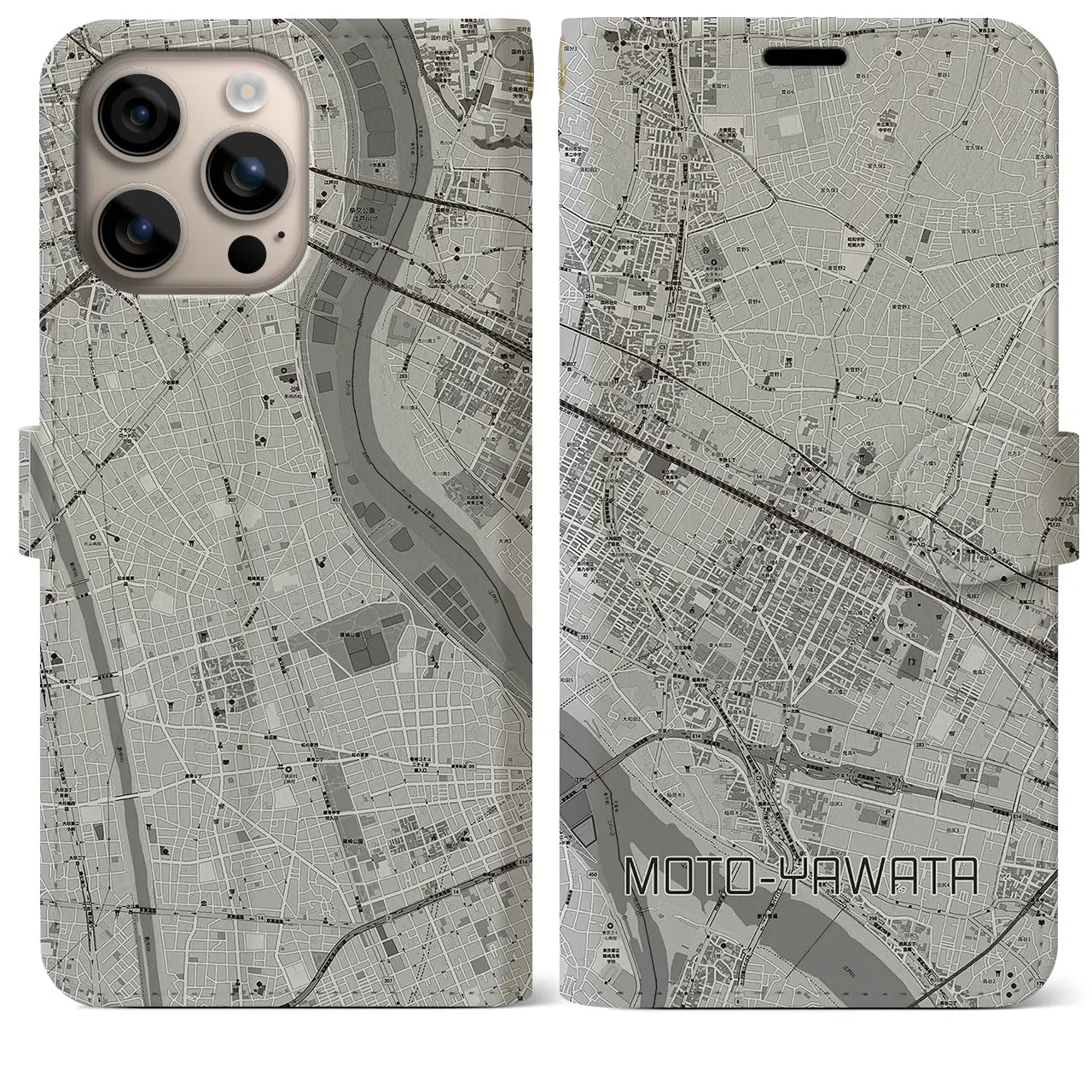 【本八幡(千葉県)】地図柄iPhoneケース(手帳タイプ)モノトーン・iPhone 16 Plus 用