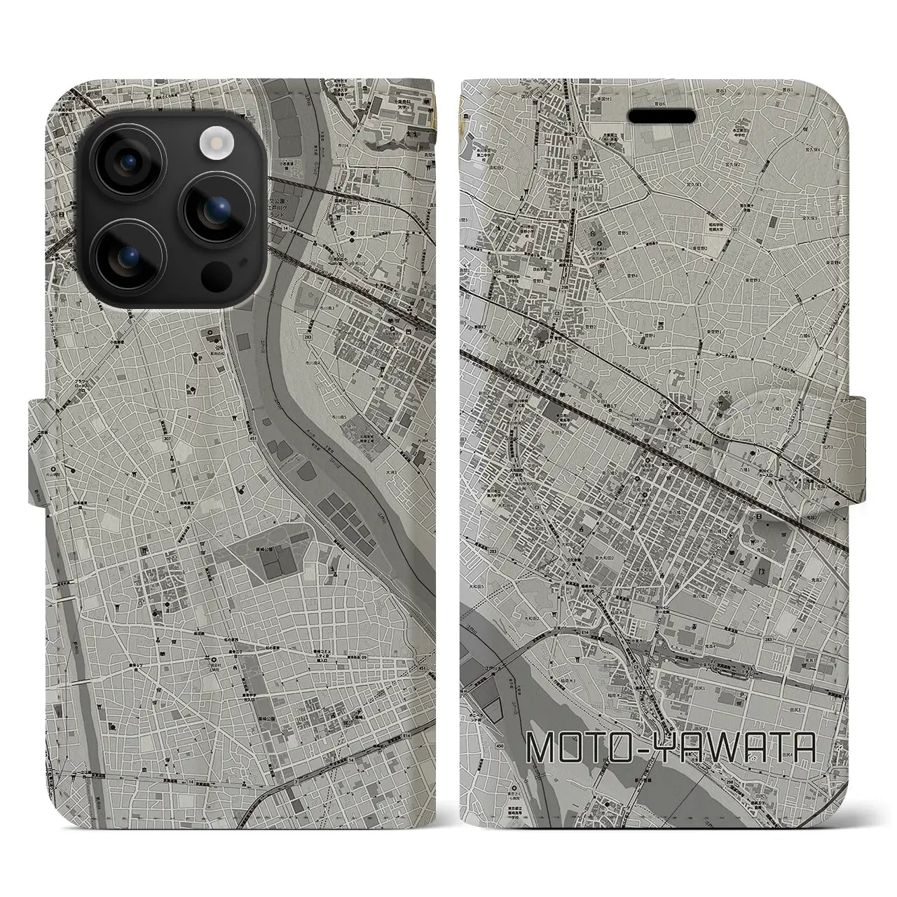 【本八幡(千葉県)】地図柄iPhoneケース(手帳タイプ)モノトーン・iPhone 16 用