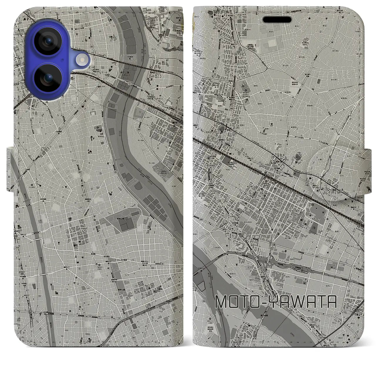【本八幡(千葉県)】地図柄iPhoneケース(手帳タイプ)モノトーン・iPhone 16 Pro Max 用