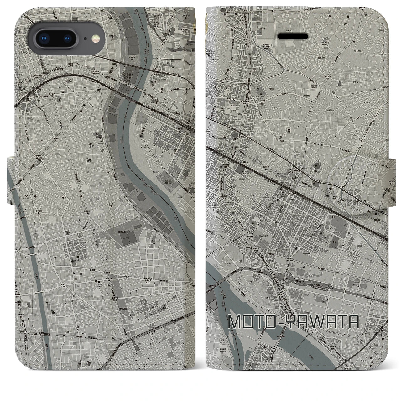 【本八幡(千葉県)】地図柄iPhoneケース(手帳タイプ)モノトーン・iPhone 8Plus /7Plus / 6sPlus / 6Plus 用