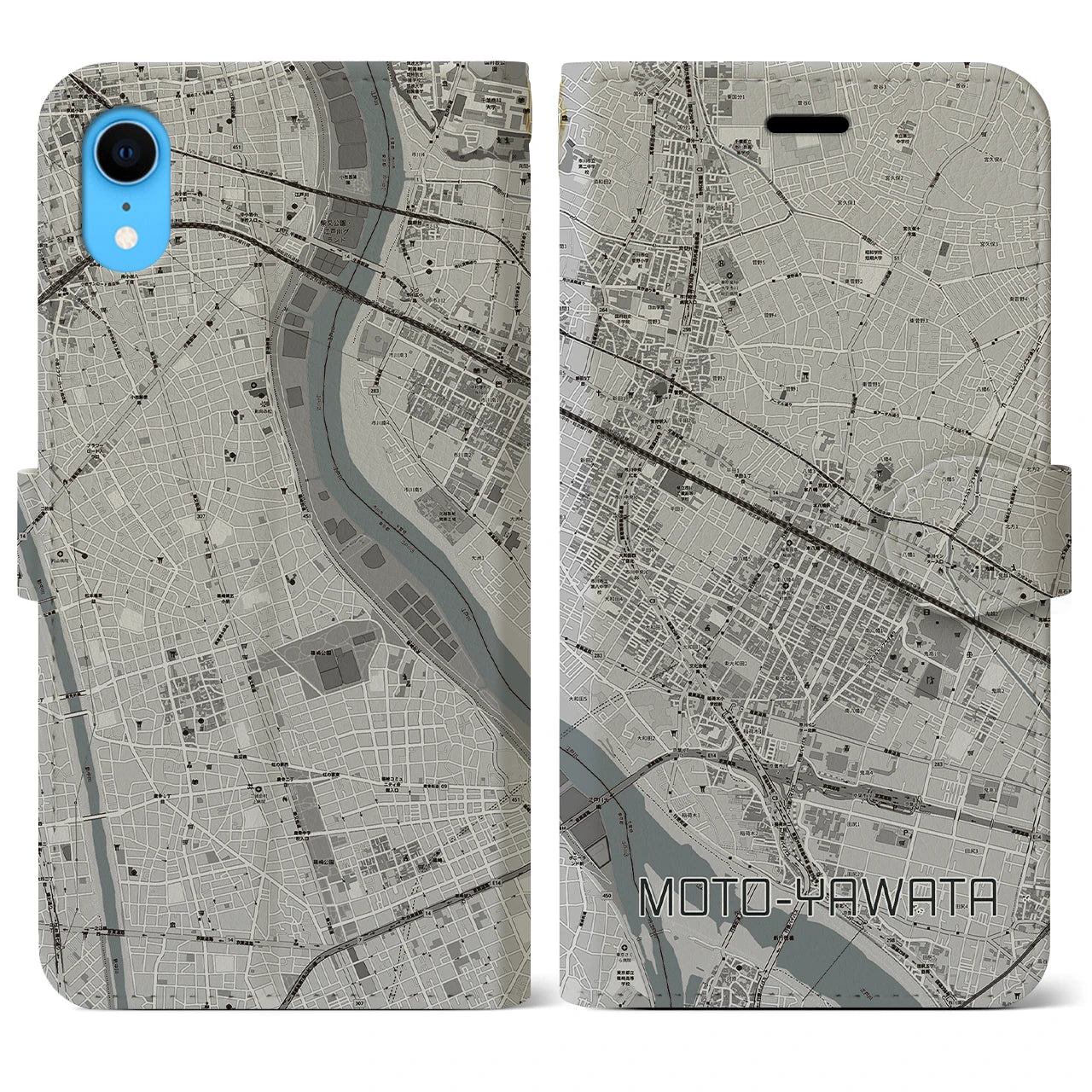 【本八幡(千葉県)】地図柄iPhoneケース(手帳タイプ)モノトーン・iPhone XR 用