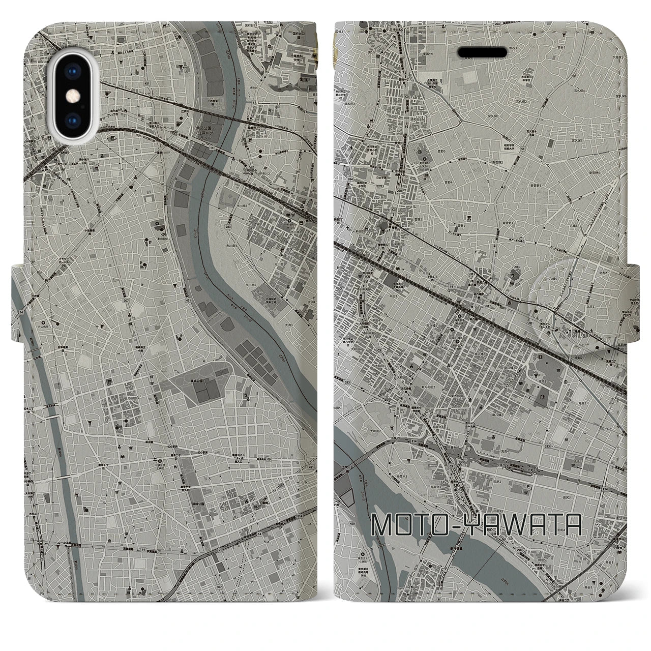 【本八幡(千葉県)】地図柄iPhoneケース(手帳タイプ)モノトーン・iPhone XS Max 用