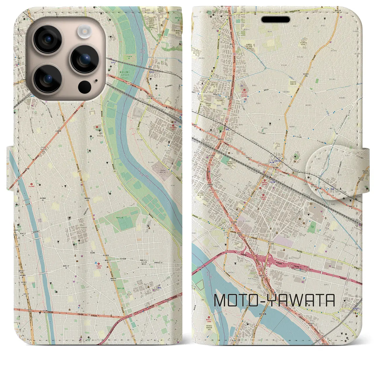 【本八幡(千葉県)】地図柄iPhoneケース(手帳タイプ)ナチュラル・iPhone 16 Plus 用