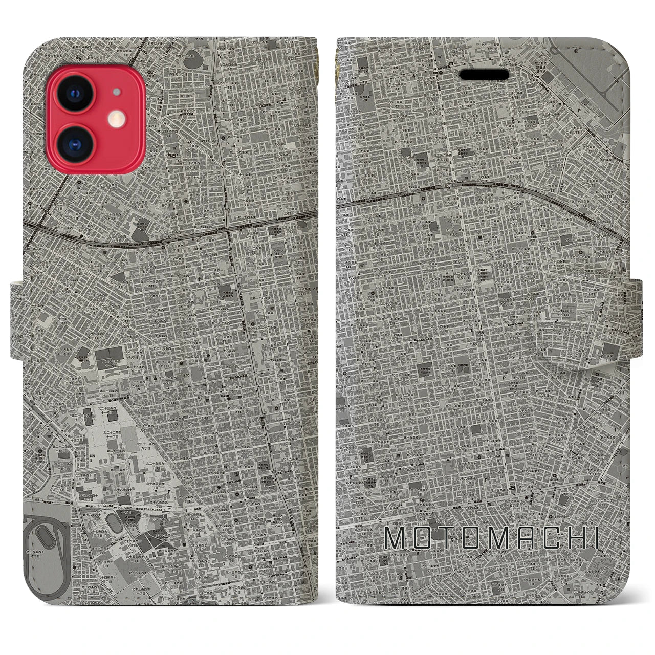 【元町(北海道)】地図柄iPhoneケース(手帳タイプ)モノトーン・iPhone 11 用