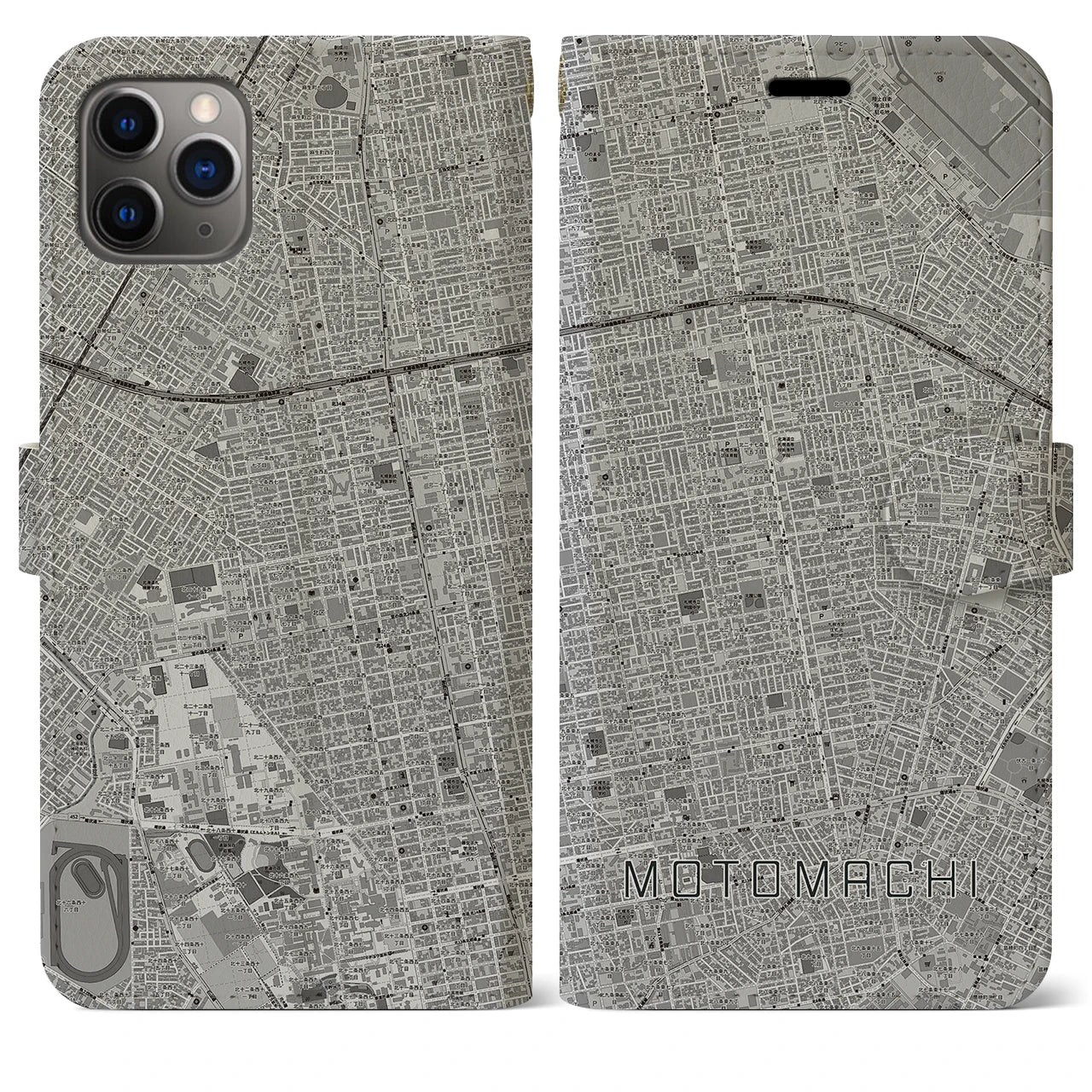 【元町(北海道)】地図柄iPhoneケース(手帳タイプ)モノトーン・iPhone 11 Pro Max 用