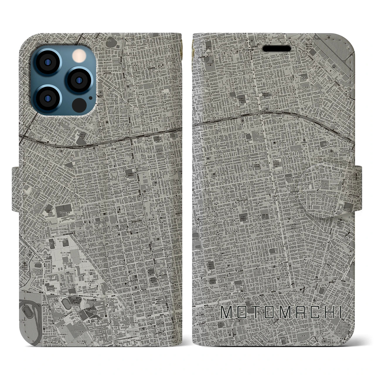 【元町(北海道)】地図柄iPhoneケース(手帳タイプ)モノトーン・iPhone 12 / 12 Pro 用