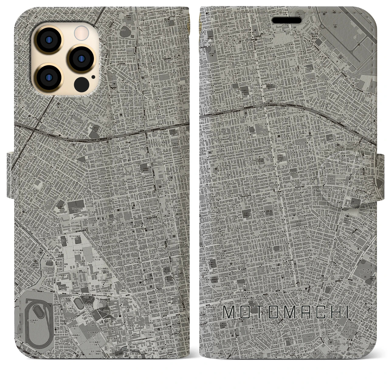 【元町(北海道)】地図柄iPhoneケース(手帳タイプ)モノトーン・iPhone 12 Pro Max 用