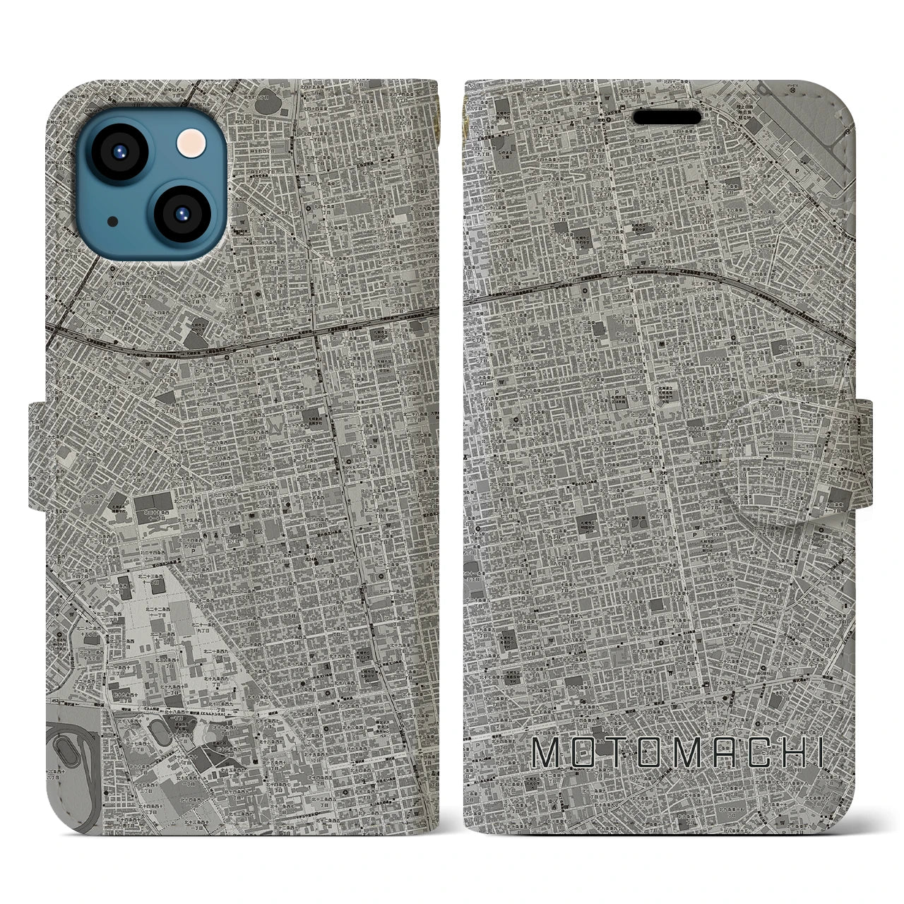 【元町(北海道)】地図柄iPhoneケース(手帳タイプ)モノトーン・iPhone 13 用