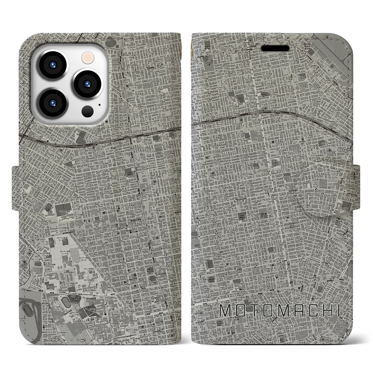 【元町(北海道)】地図柄iPhoneケース(手帳タイプ)モノトーン・iPhone 13 Pro 用