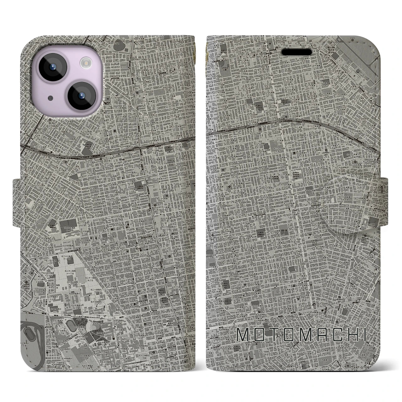 【元町(北海道)】地図柄iPhoneケース(手帳タイプ)モノトーン・iPhone 14 用