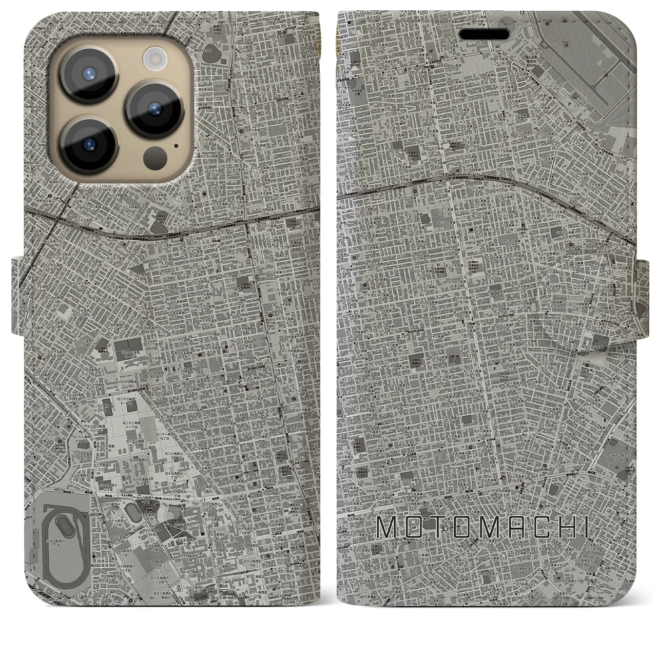 【元町(北海道)】地図柄iPhoneケース(手帳タイプ)モノトーン・iPhone 14 Pro Max 用