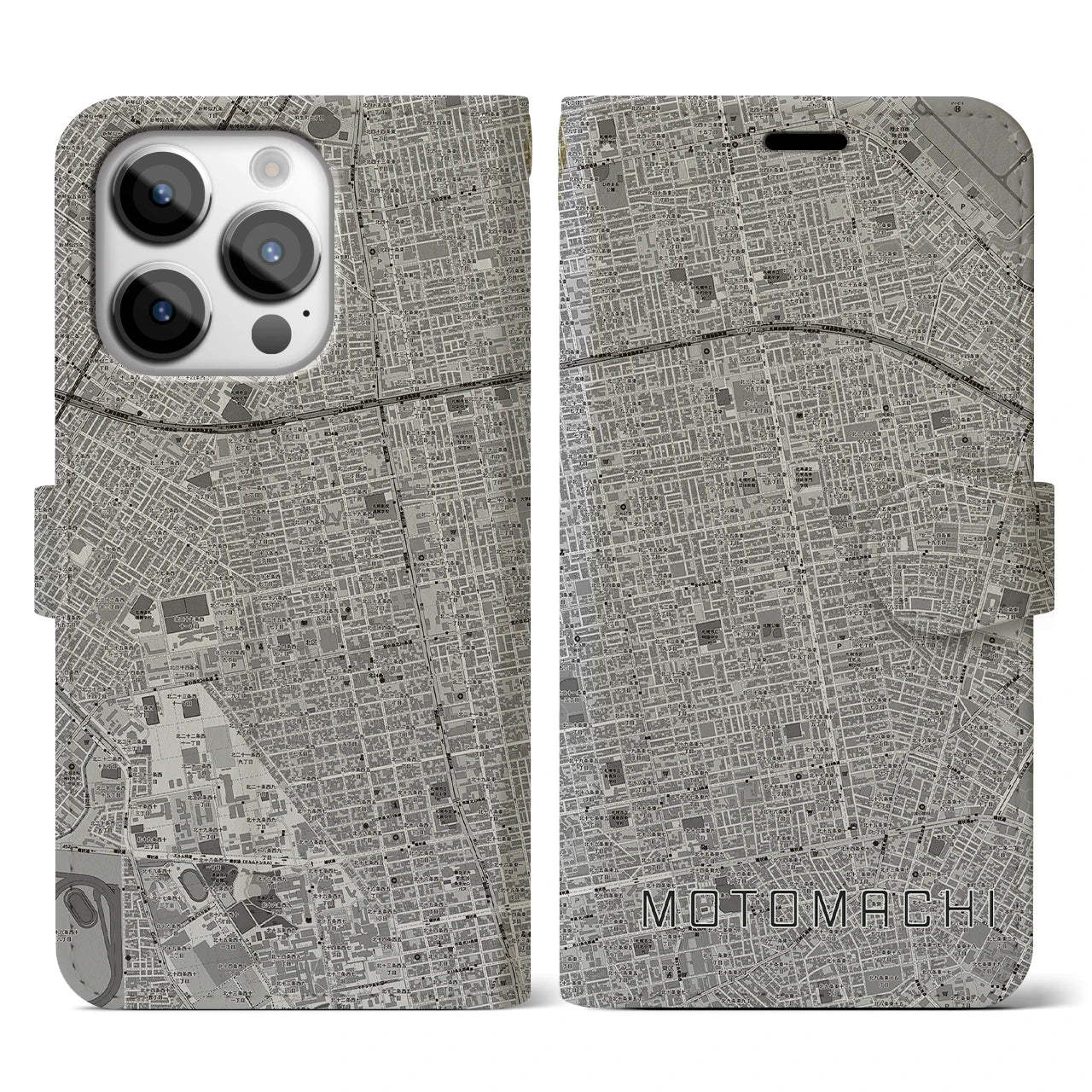 【元町(北海道)】地図柄iPhoneケース(手帳タイプ)モノトーン・iPhone 14 Pro 用