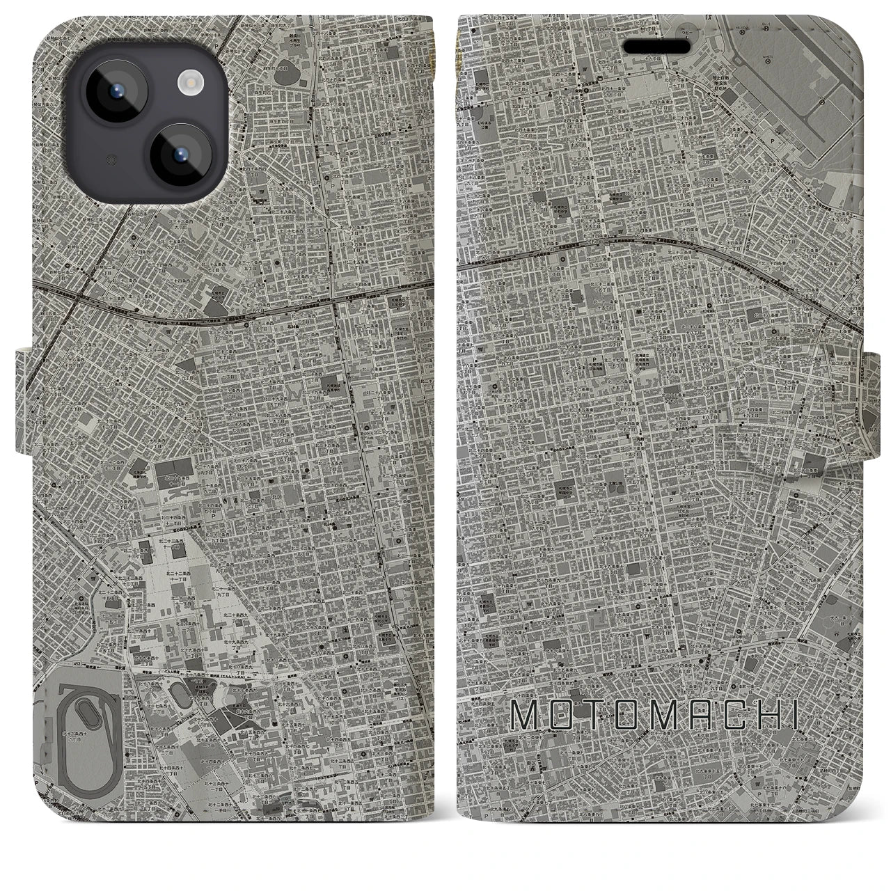 【元町(北海道)】地図柄iPhoneケース(手帳タイプ)モノトーン・iPhone 14 Plus 用