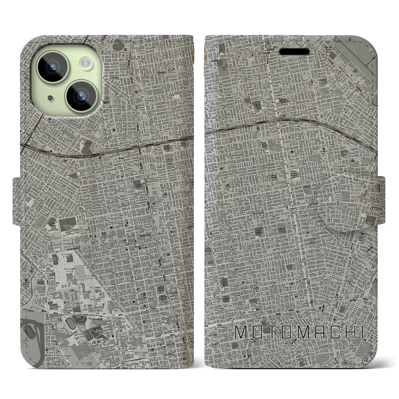 【元町(北海道)】地図柄iPhoneケース(手帳タイプ)モノトーン・iPhone 15 用