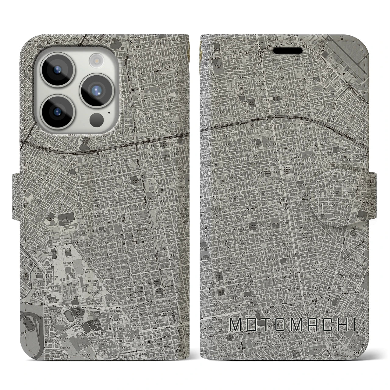 【元町(北海道)】地図柄iPhoneケース(手帳タイプ)モノトーン・iPhone 15 Pro 用