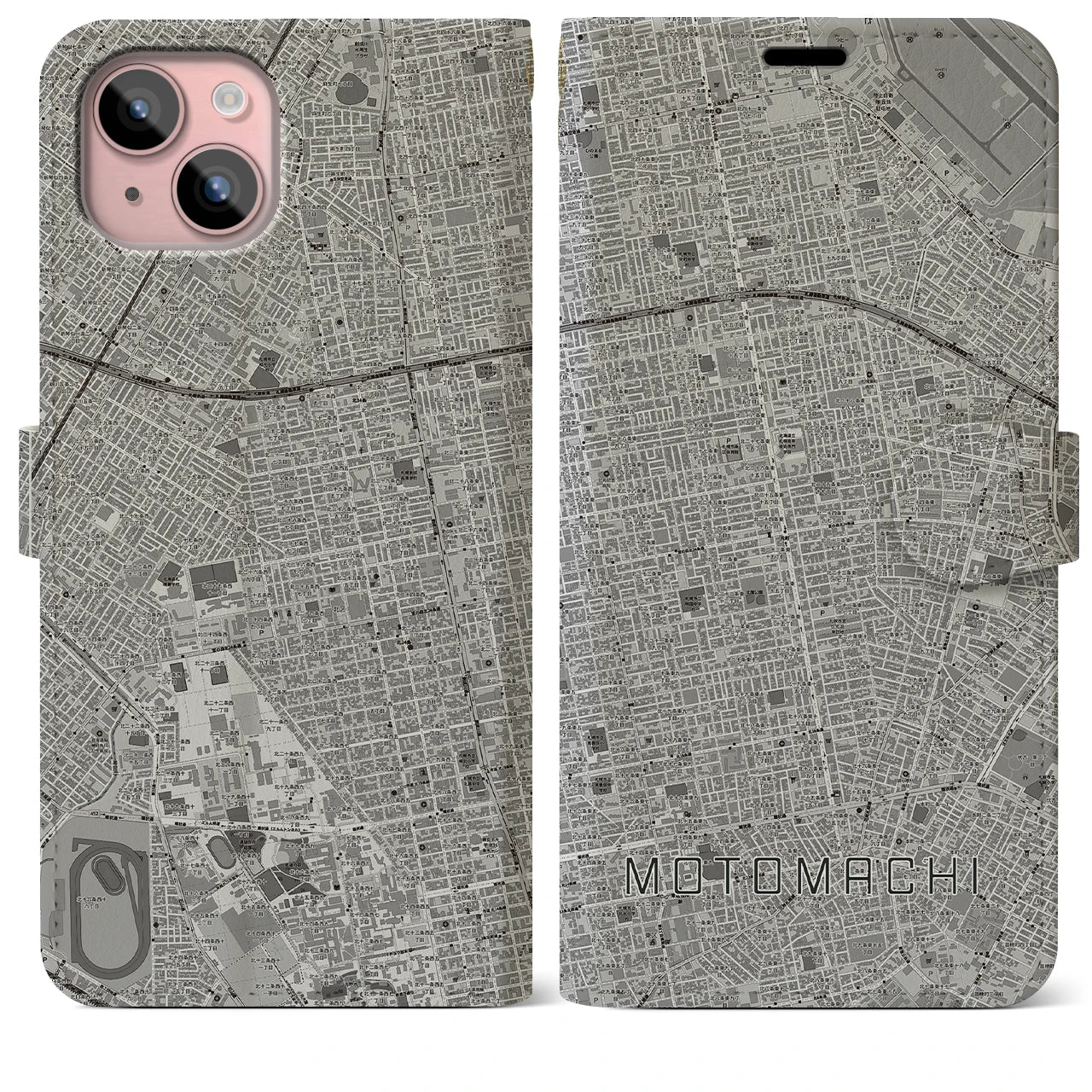 【元町(北海道)】地図柄iPhoneケース(手帳タイプ)モノトーン・iPhone 15 Plus 用