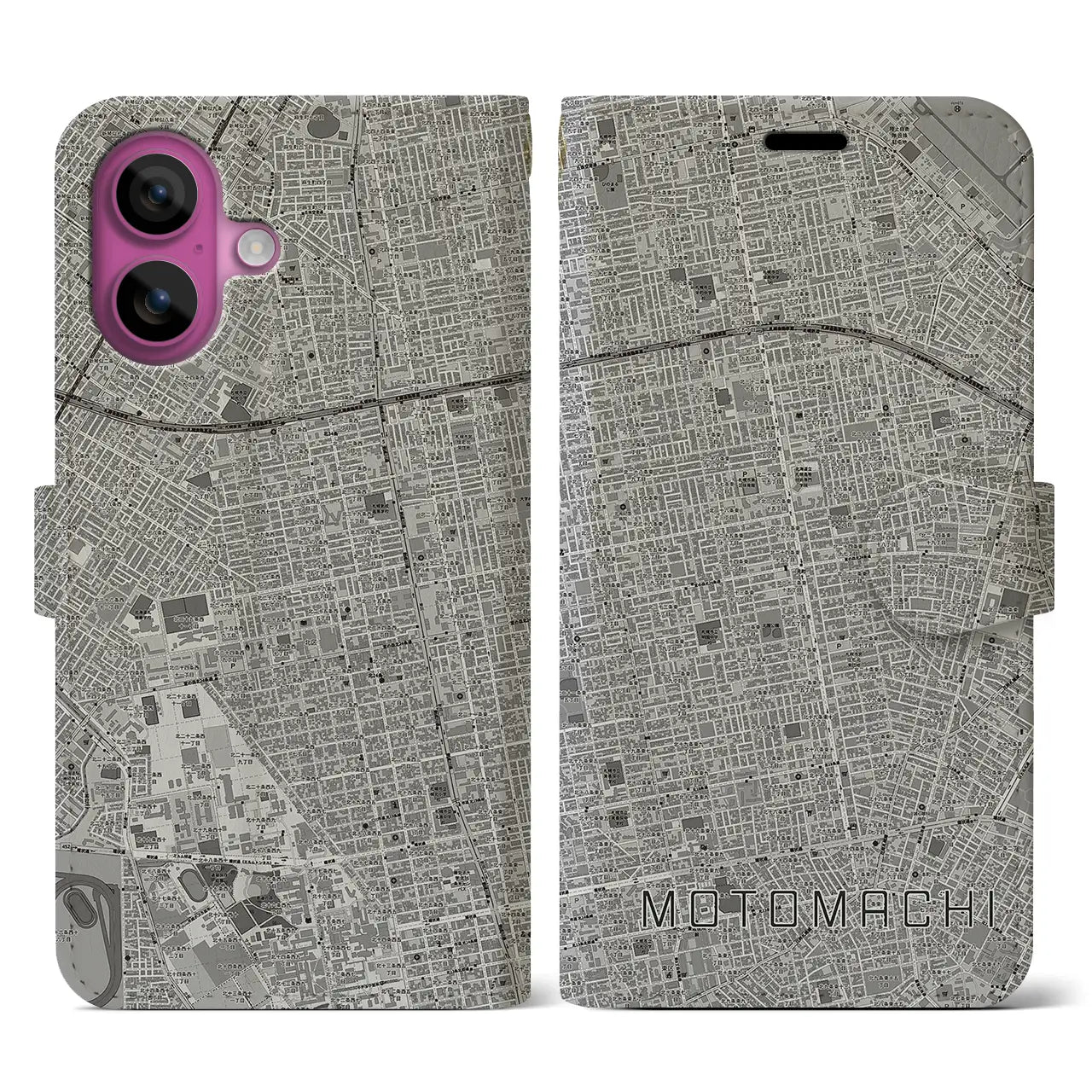 【元町(北海道)】地図柄iPhoneケース(手帳タイプ)モノトーン・iPhone 16 Pro 用