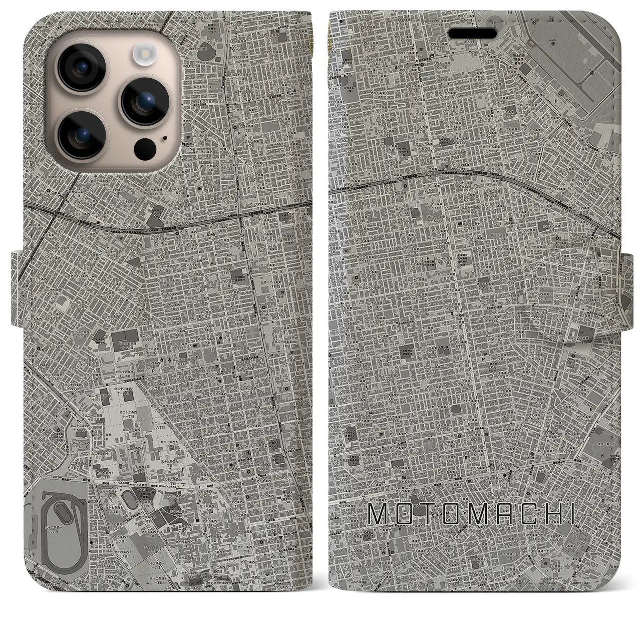 【元町(北海道)】地図柄iPhoneケース(手帳タイプ)モノトーン・iPhone 16 Plus 用