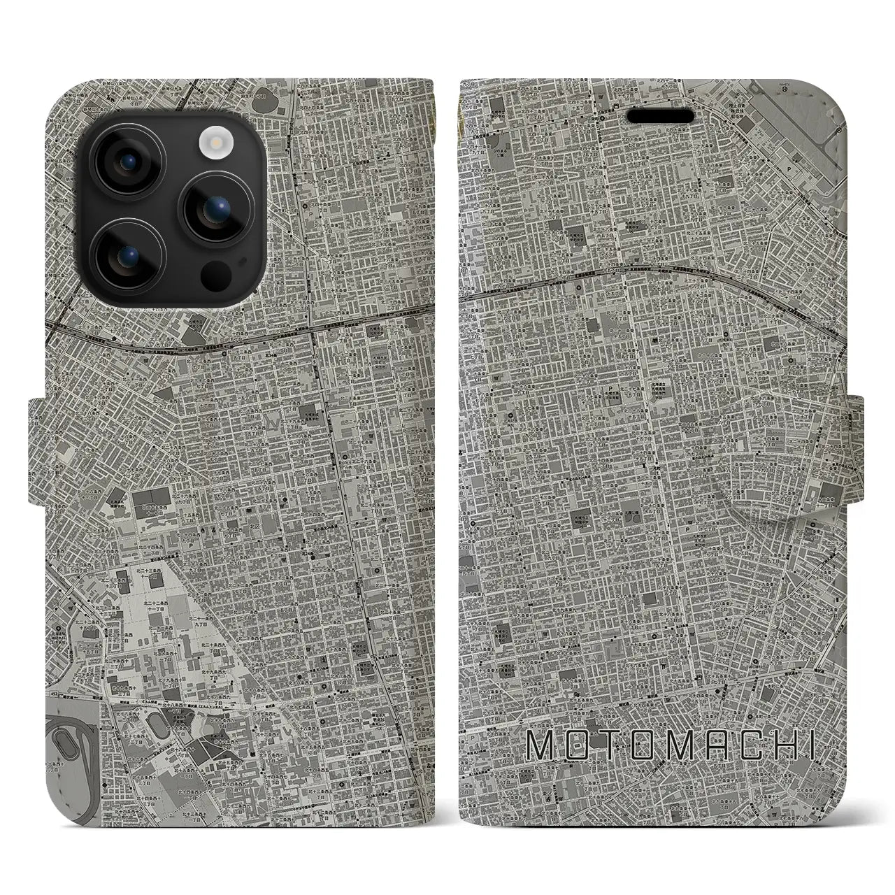 【元町(北海道)】地図柄iPhoneケース(手帳タイプ)モノトーン・iPhone 16 用