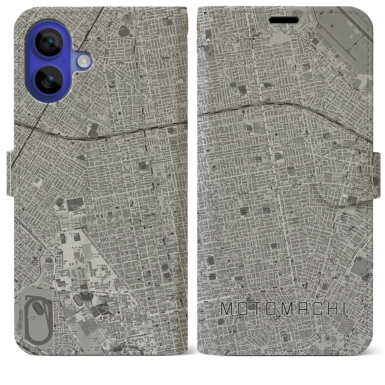 【元町(北海道)】地図柄iPhoneケース(手帳タイプ)モノトーン・iPhone 16 Pro Max 用