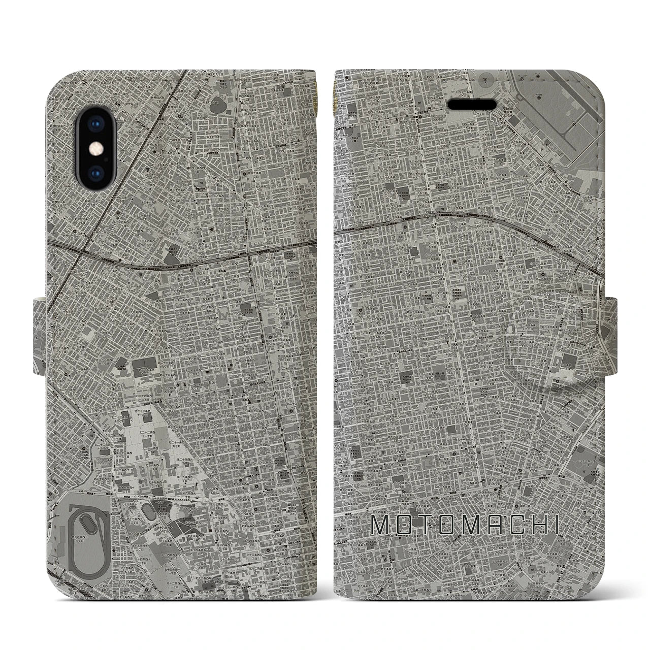 【元町(北海道)】地図柄iPhoneケース(手帳タイプ)モノトーン・iPhone XS / X 用
