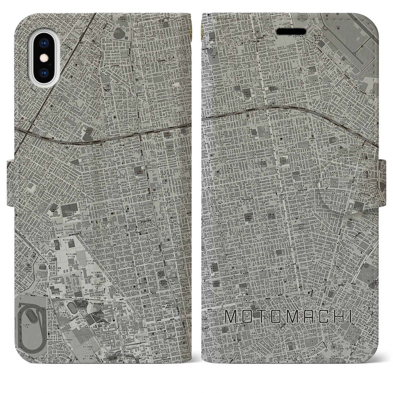 【元町(北海道)】地図柄iPhoneケース(手帳タイプ)モノトーン・iPhone XS Max 用