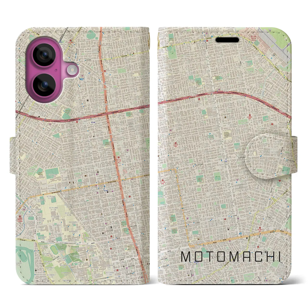 【元町(北海道)】地図柄iPhoneケース(手帳タイプ)ナチュラル・iPhone 16 Pro 用