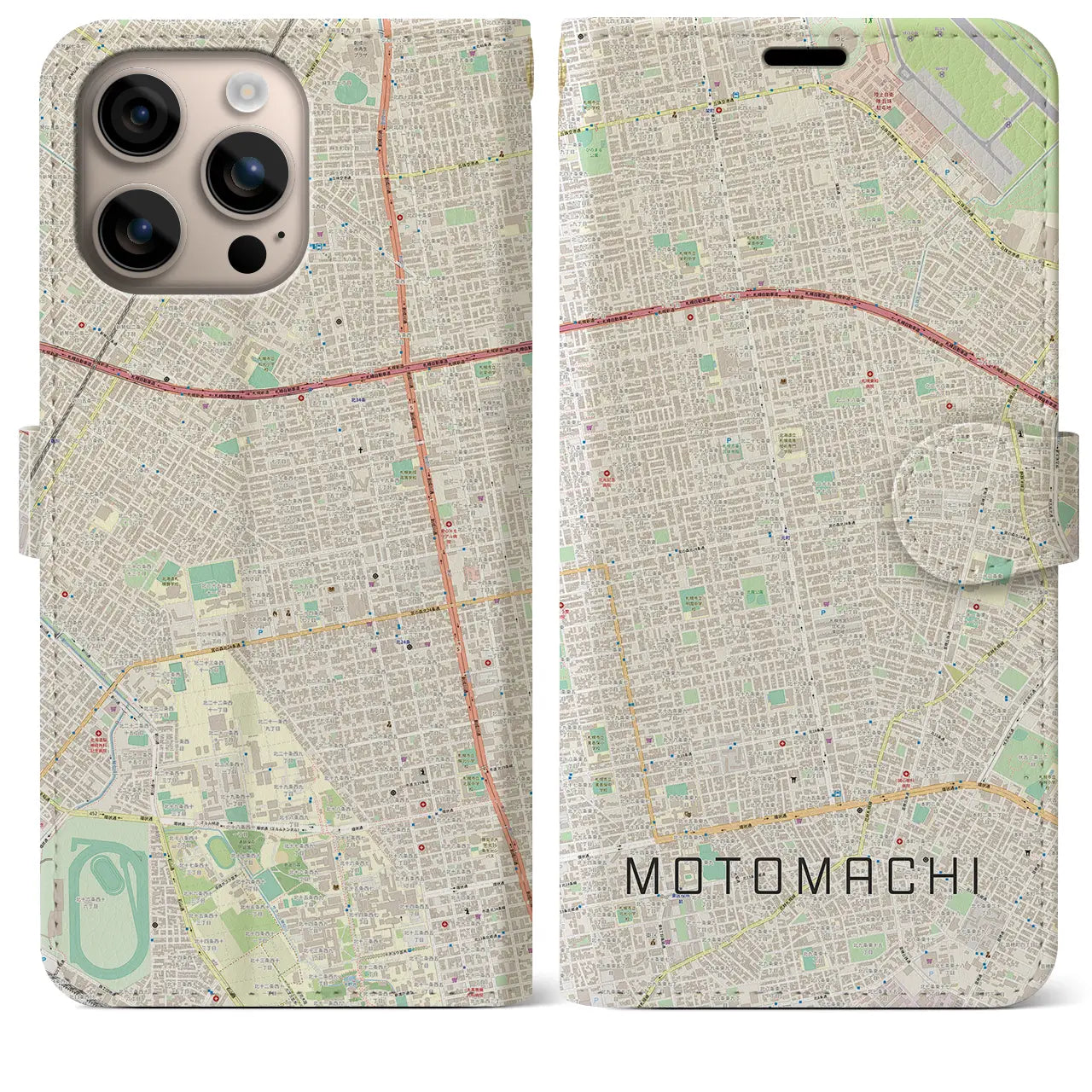 【元町(北海道)】地図柄iPhoneケース(手帳タイプ)ナチュラル・iPhone 16 Plus 用