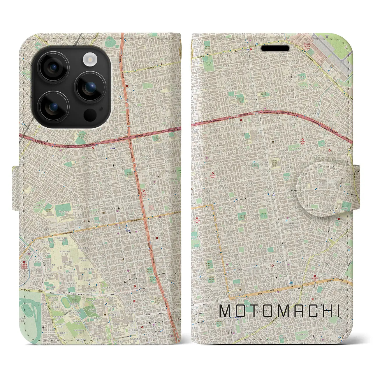 【元町(北海道)】地図柄iPhoneケース(手帳タイプ)ナチュラル・iPhone 16 用