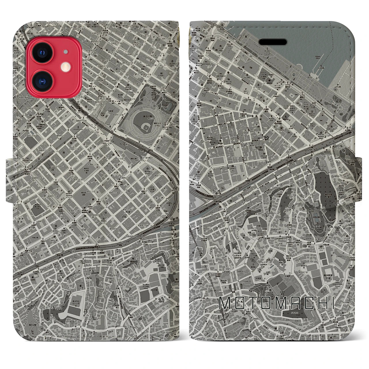 【元町(神奈川県)】地図柄iPhoneケース(手帳タイプ)モノトーン・iPhone 11 用