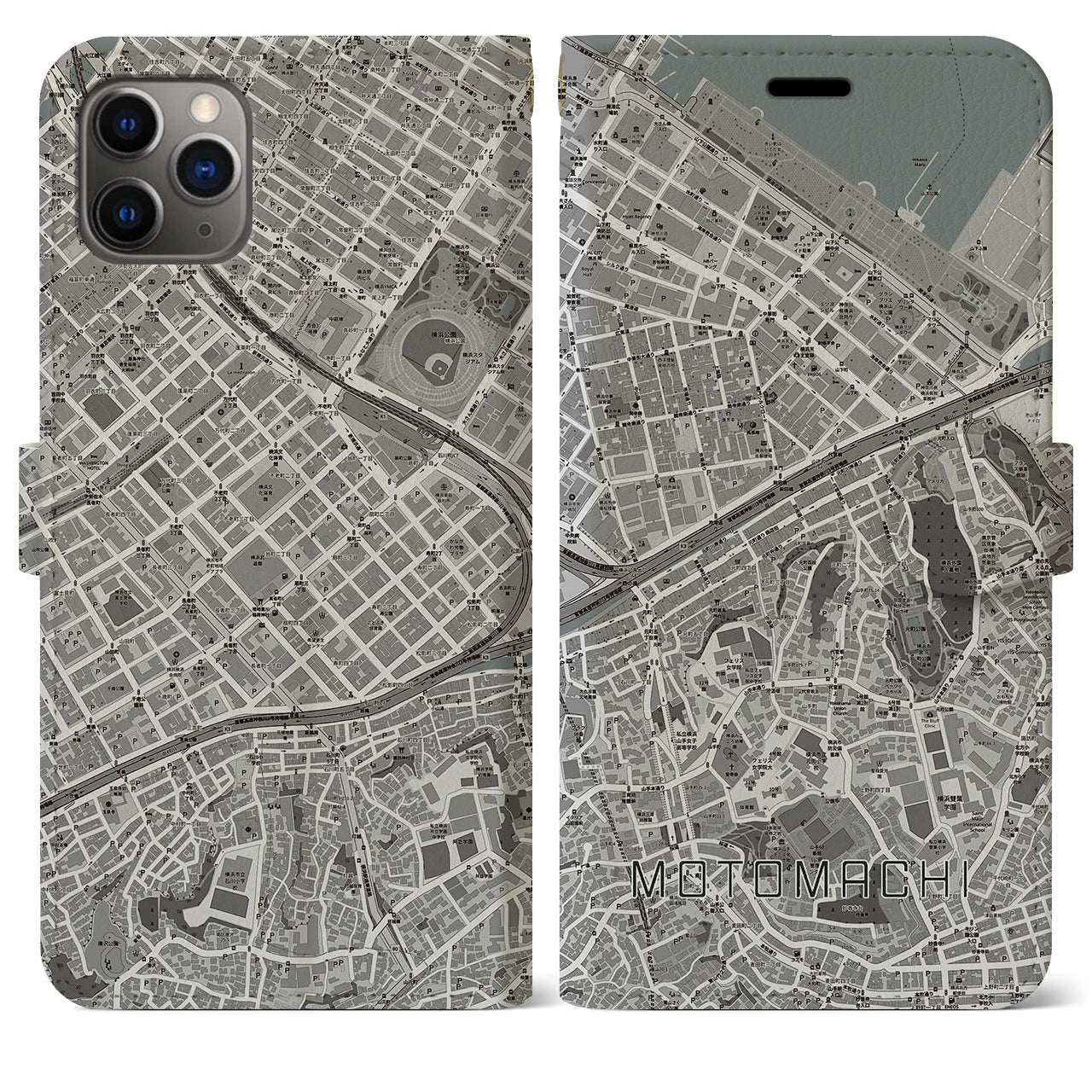 【元町(神奈川県)】地図柄iPhoneケース(手帳タイプ)モノトーン・iPhone 11 Pro Max 用