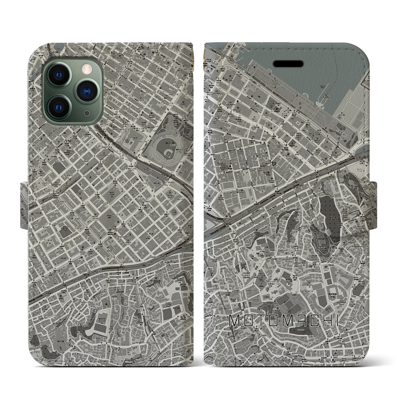 【元町(神奈川県)】地図柄iPhoneケース(手帳タイプ)モノトーン・iPhone 11 Pro 用