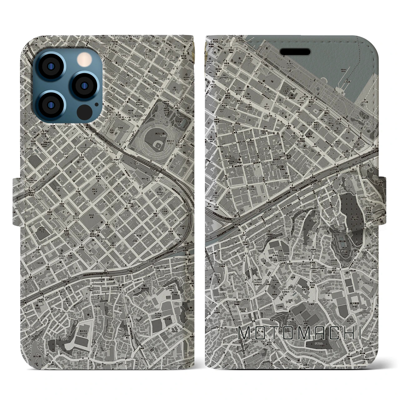 【元町(神奈川県)】地図柄iPhoneケース(手帳タイプ)モノトーン・iPhone 12 / 12 Pro 用