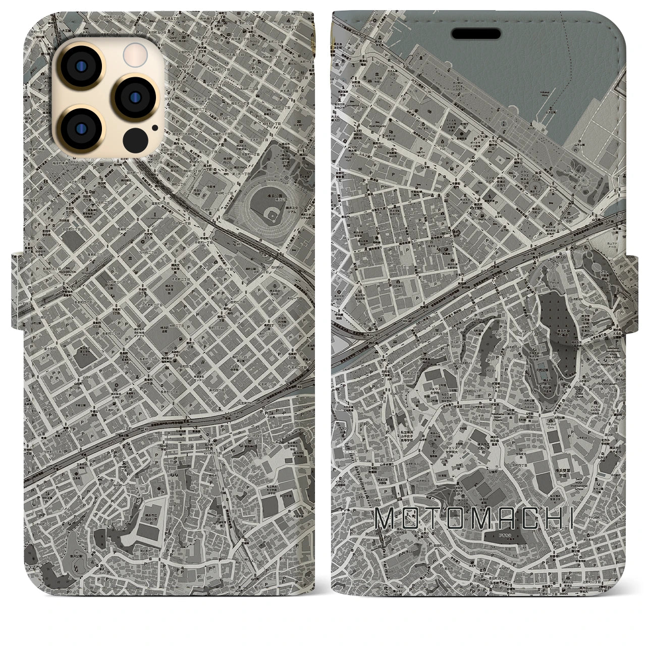 【元町(神奈川県)】地図柄iPhoneケース(手帳タイプ)モノトーン・iPhone 12 Pro Max 用