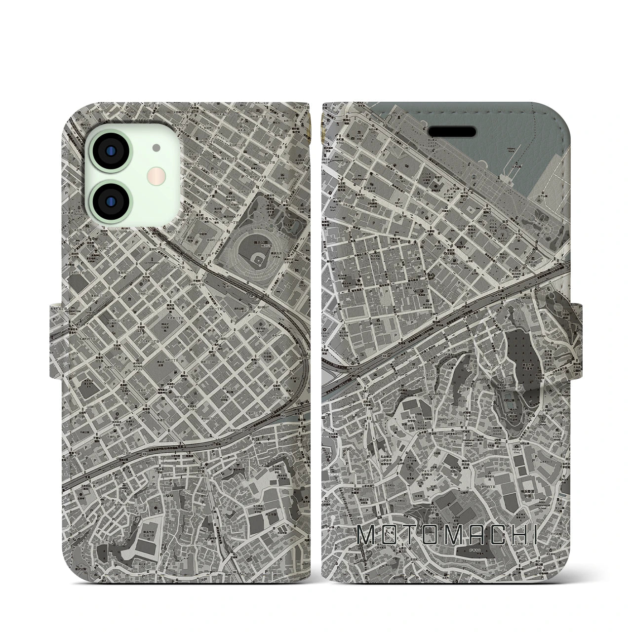 【元町(神奈川県)】地図柄iPhoneケース(手帳タイプ)モノトーン・iPhone 12 mini 用