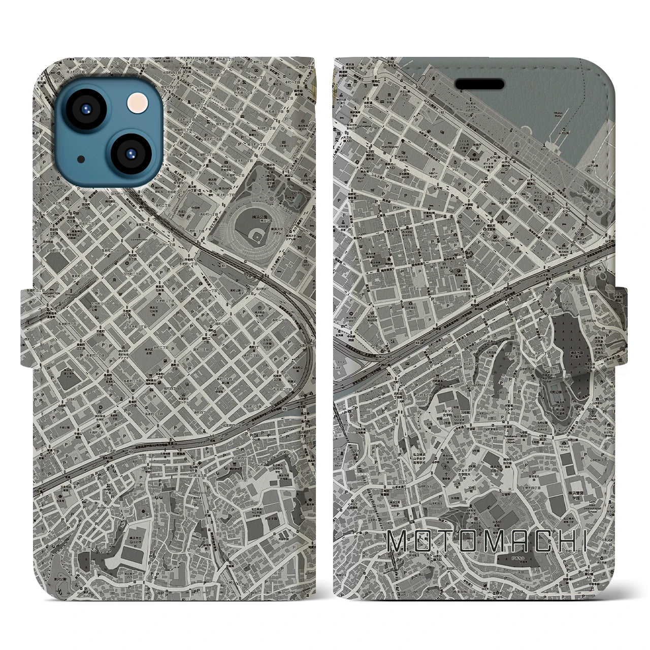 【元町(神奈川県)】地図柄iPhoneケース(手帳タイプ)モノトーン・iPhone 13 用