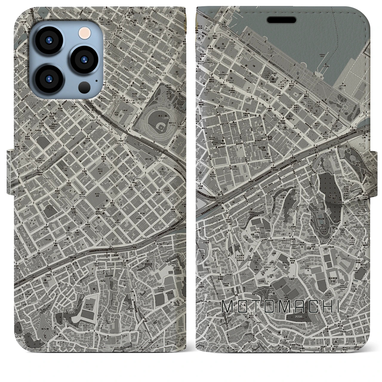 【元町(神奈川県)】地図柄iPhoneケース(手帳タイプ)モノトーン・iPhone 13 Pro Max 用
