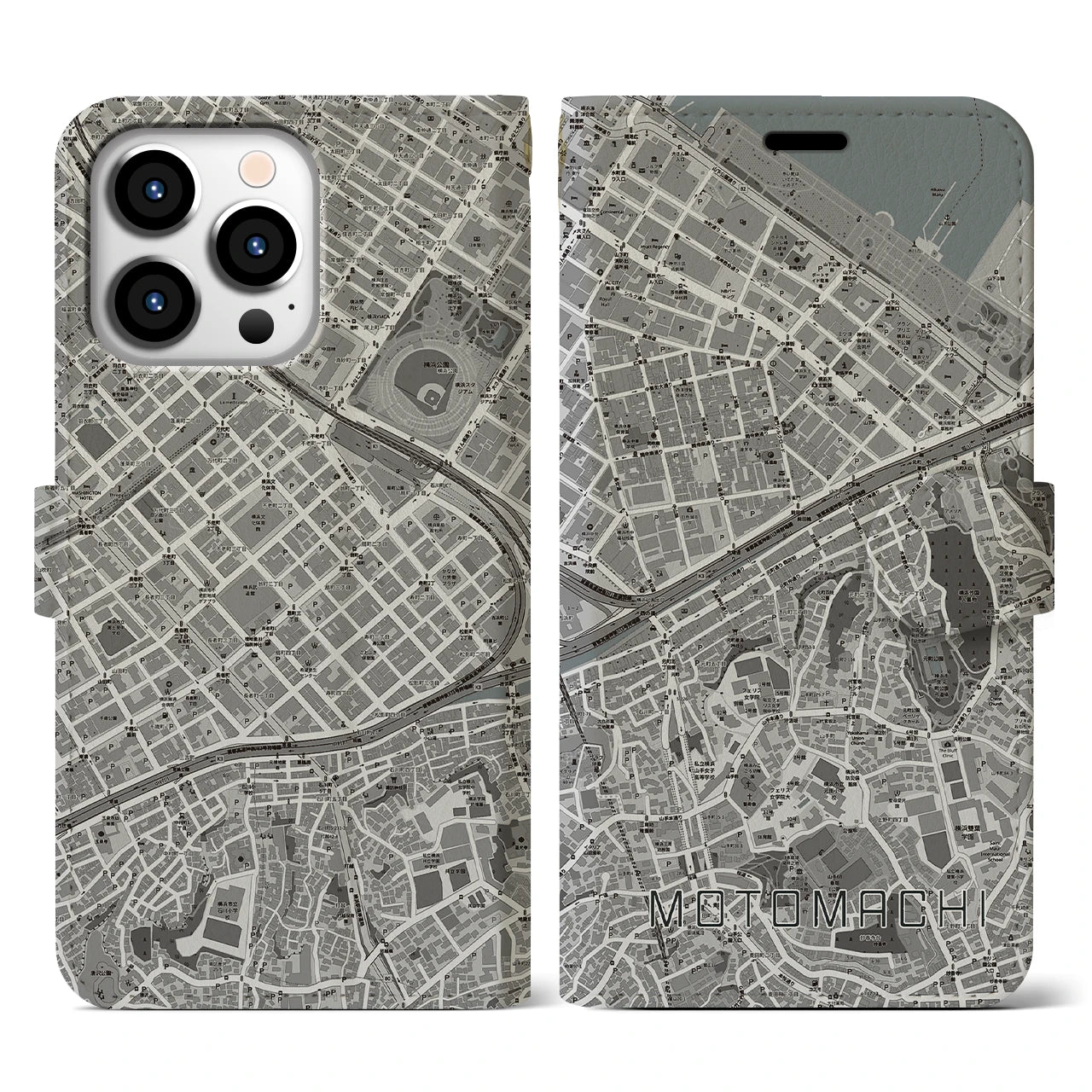 【元町(神奈川県)】地図柄iPhoneケース(手帳タイプ)モノトーン・iPhone 13 Pro 用