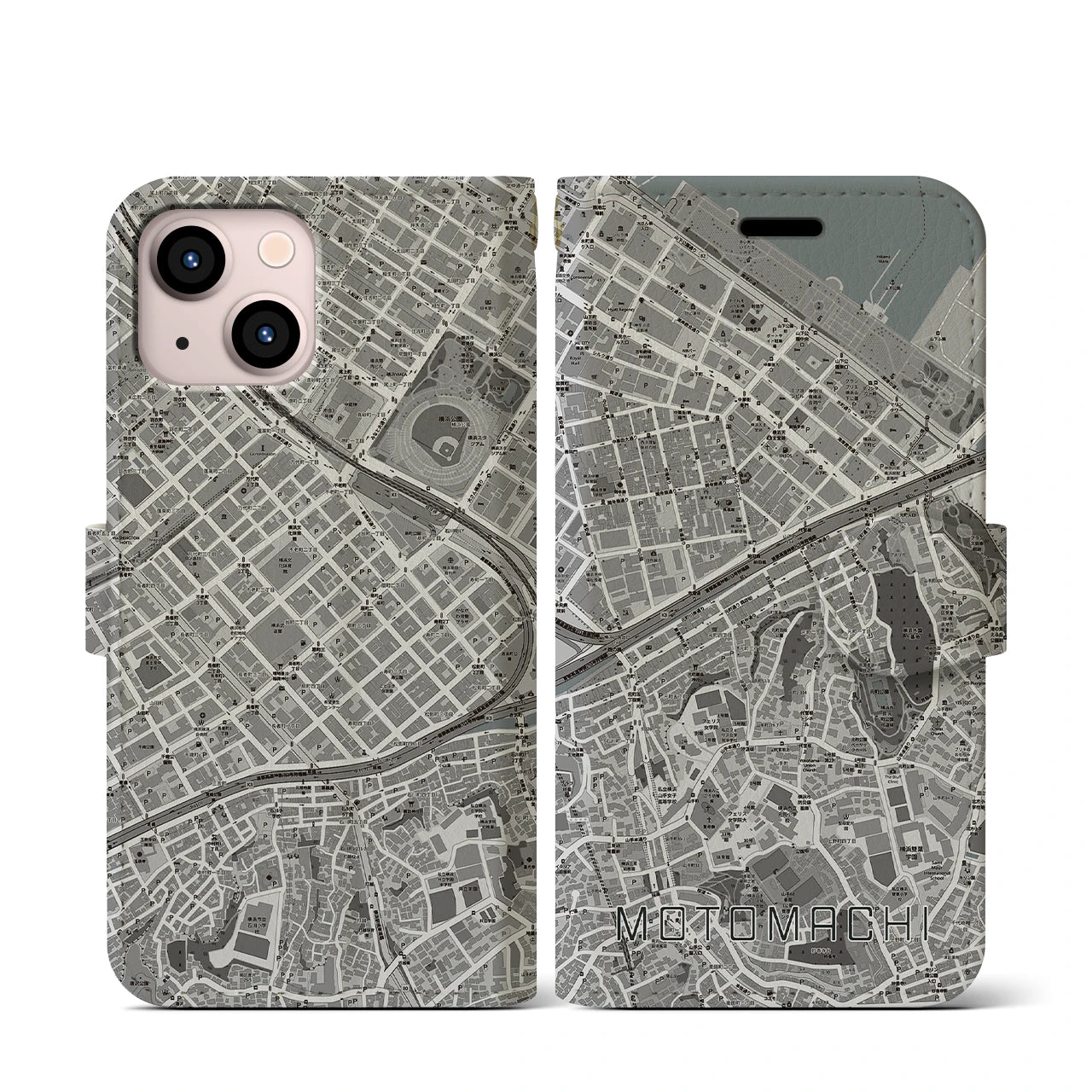 【元町(神奈川県)】地図柄iPhoneケース(手帳タイプ)モノトーン・iPhone 13 mini 用