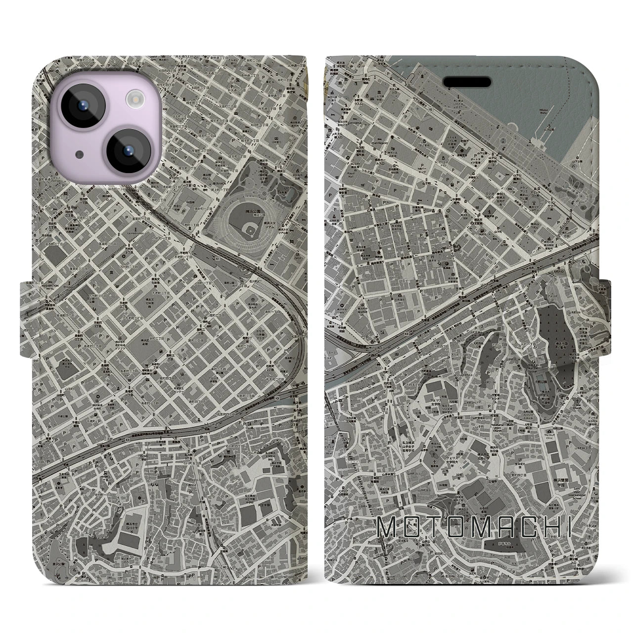 【元町(神奈川県)】地図柄iPhoneケース(手帳タイプ)モノトーン・iPhone 14 用