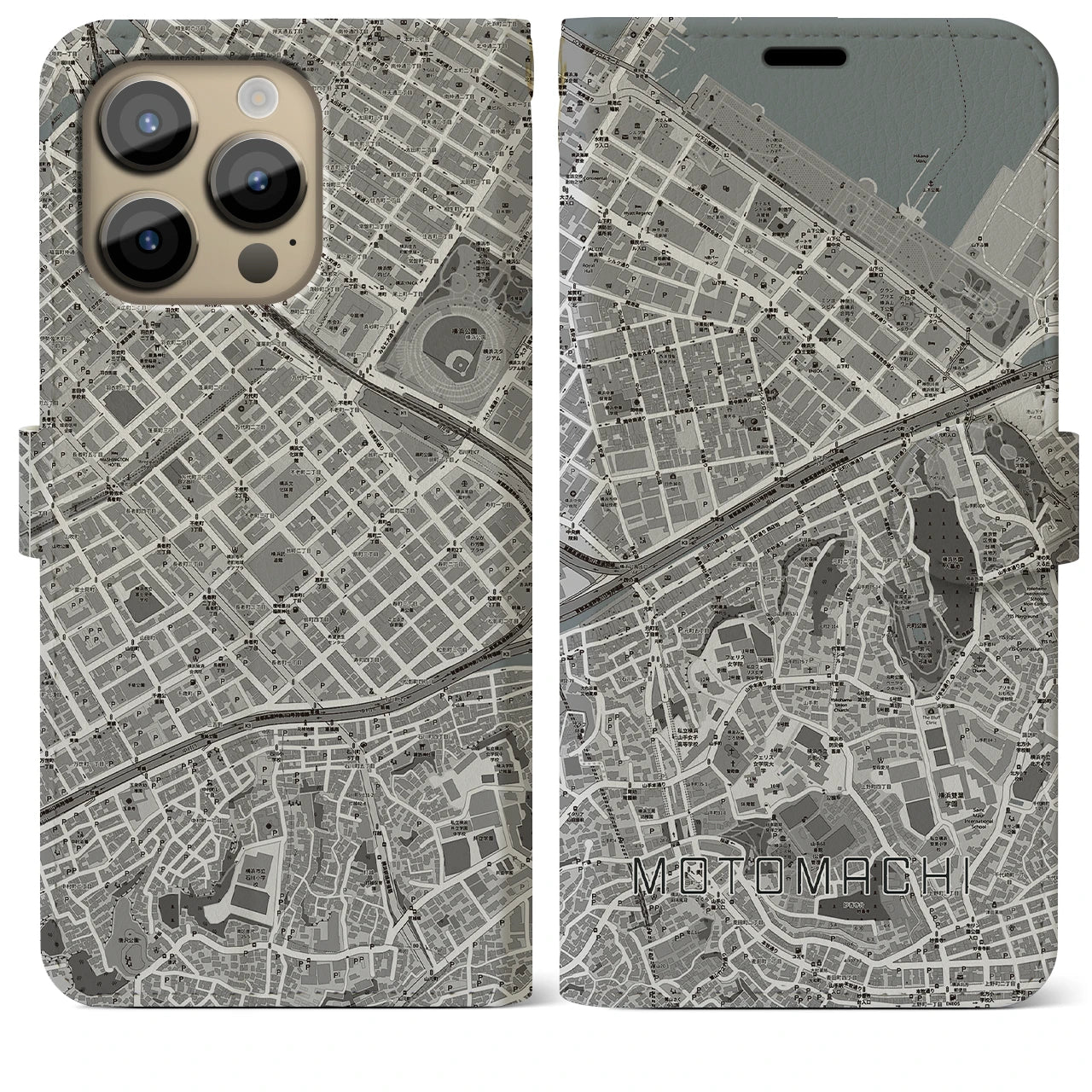 【元町(神奈川県)】地図柄iPhoneケース(手帳タイプ)モノトーン・iPhone 14 Pro Max 用