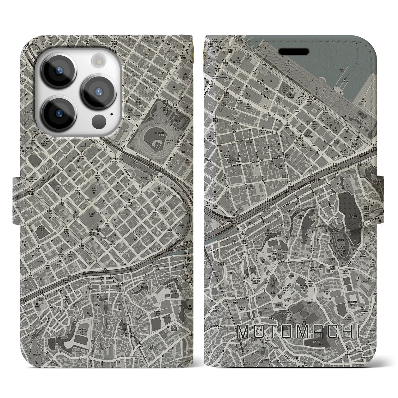 【元町(神奈川県)】地図柄iPhoneケース(手帳タイプ)モノトーン・iPhone 14 Pro 用