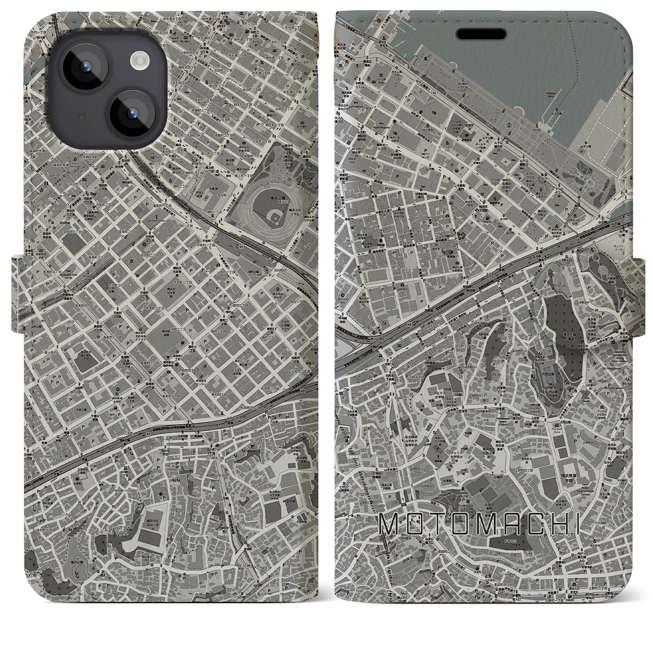 【元町(神奈川県)】地図柄iPhoneケース(手帳タイプ)モノトーン・iPhone 14 Plus 用