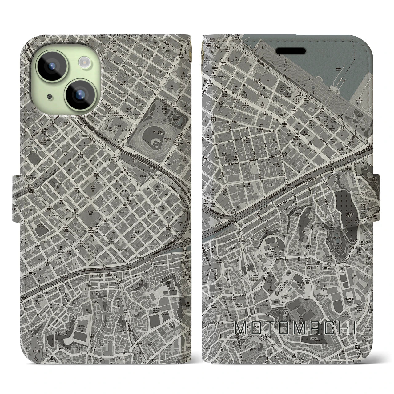 【元町(神奈川県)】地図柄iPhoneケース(手帳タイプ)モノトーン・iPhone 15 用