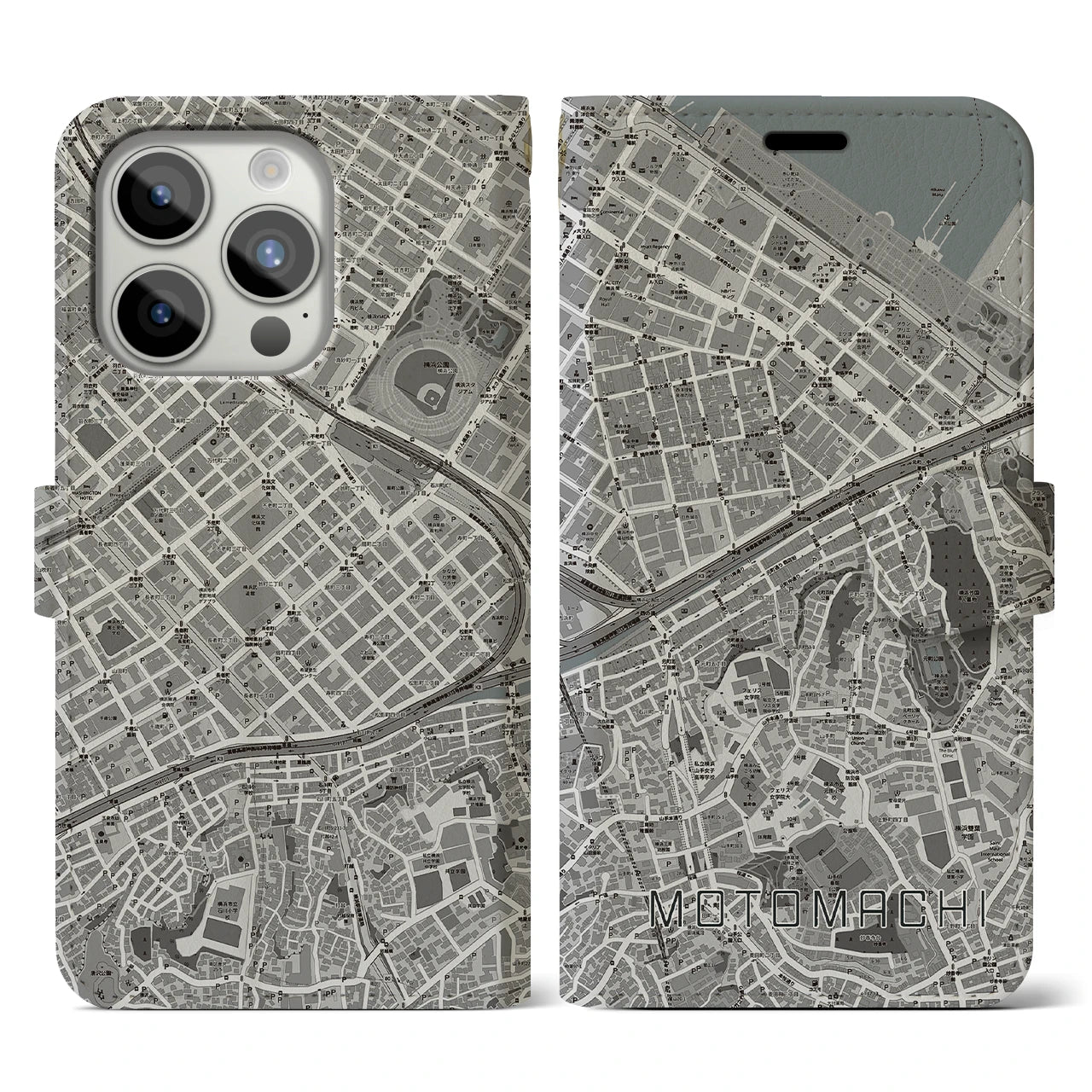 【元町(神奈川県)】地図柄iPhoneケース(手帳タイプ)モノトーン・iPhone 15 Pro 用