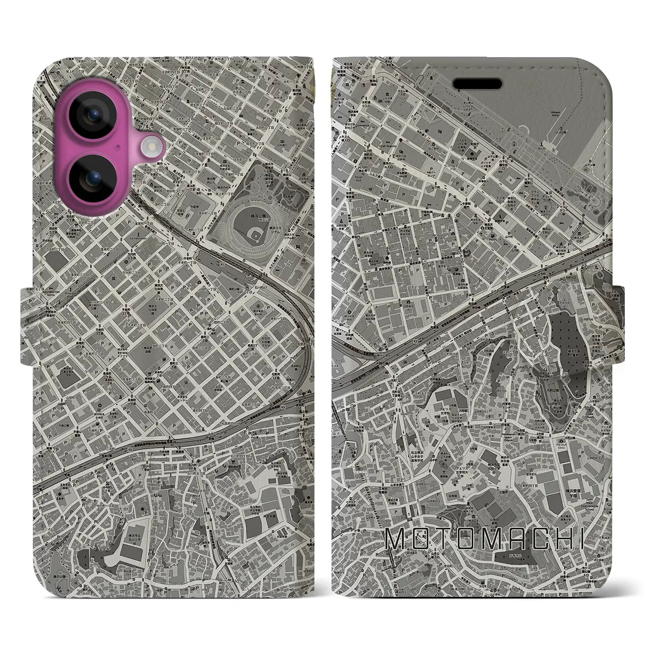 【元町(神奈川県)】地図柄iPhoneケース(手帳タイプ)モノトーン・iPhone 16 Pro 用