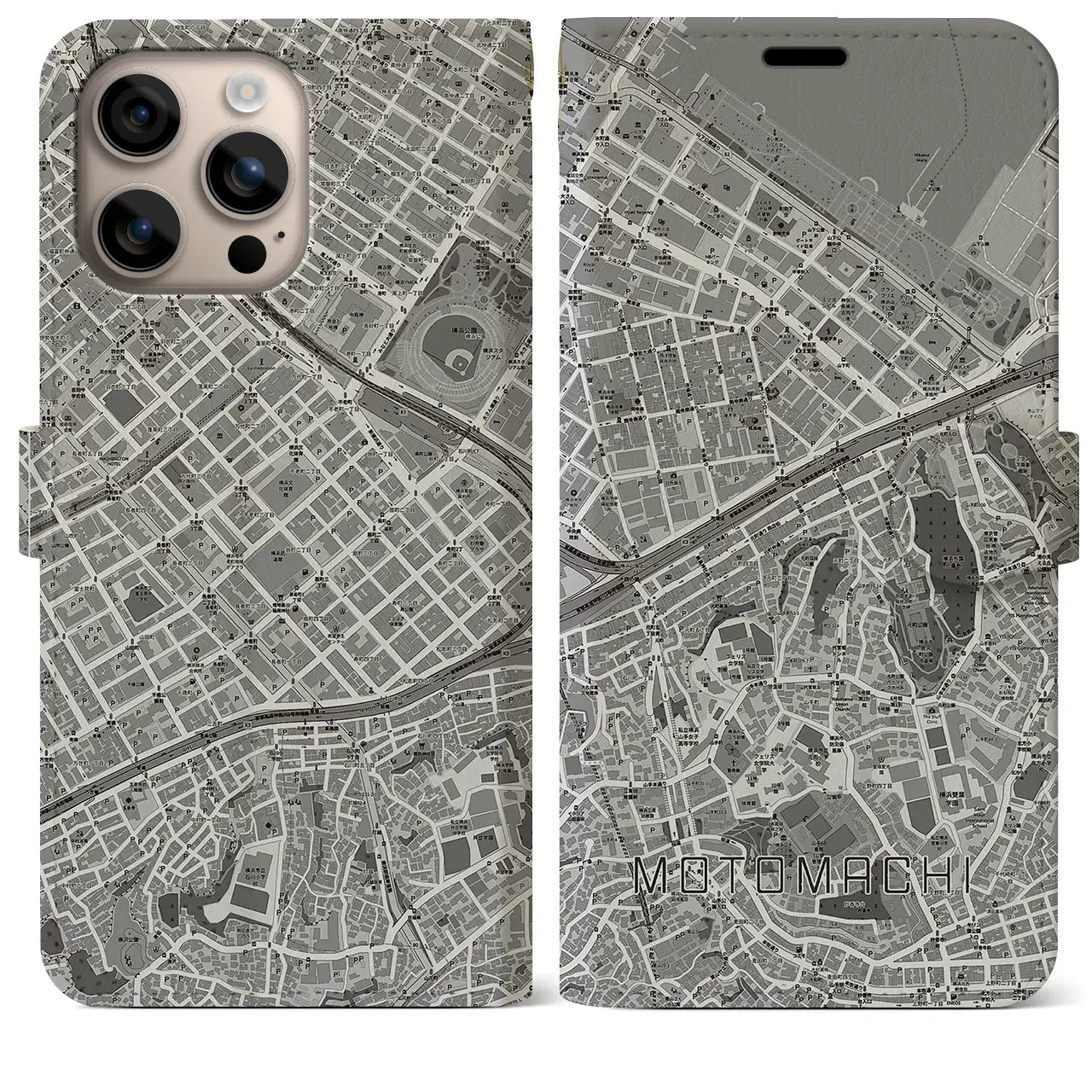 【元町(神奈川県)】地図柄iPhoneケース(手帳タイプ)モノトーン・iPhone 16 Plus 用