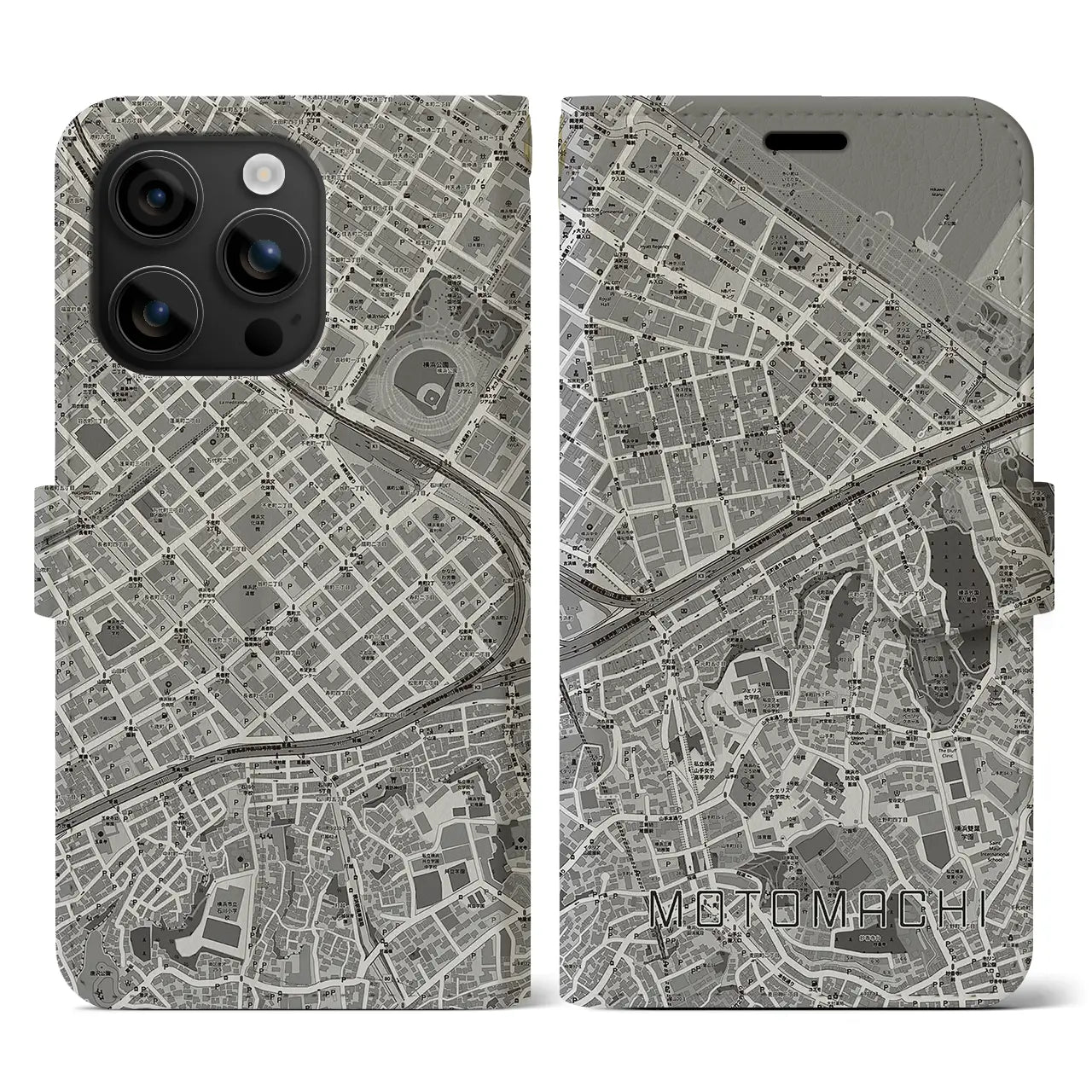 【元町(神奈川県)】地図柄iPhoneケース(手帳タイプ)モノトーン・iPhone 16 用