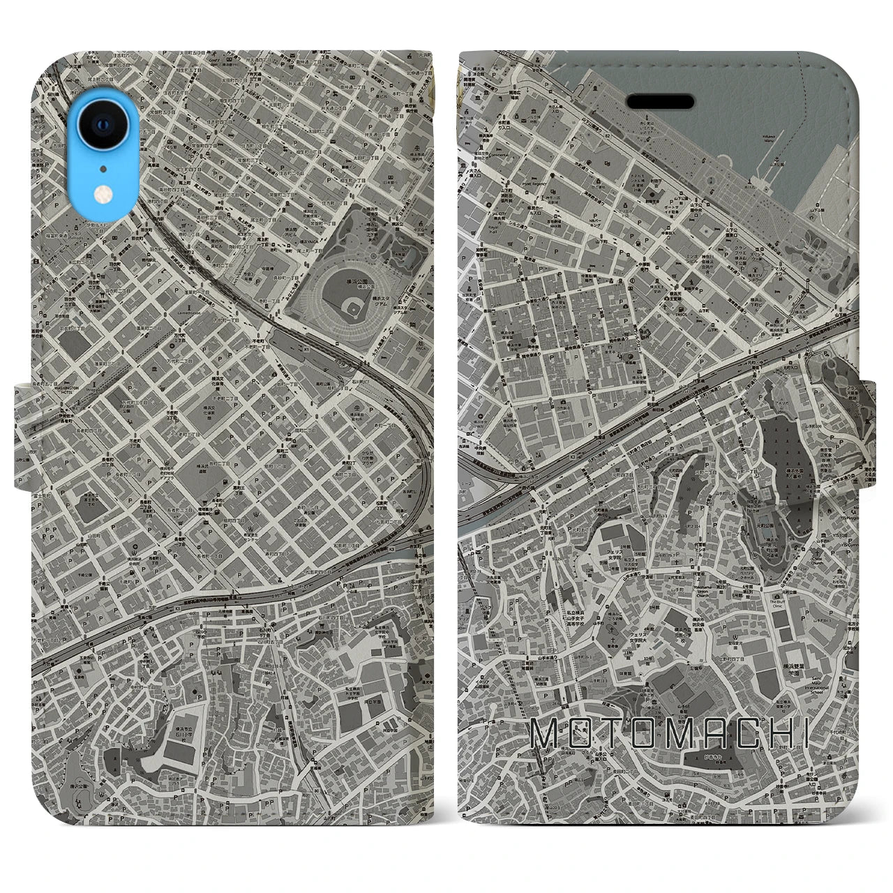 【元町(神奈川県)】地図柄iPhoneケース(手帳タイプ)モノトーン・iPhone XR 用