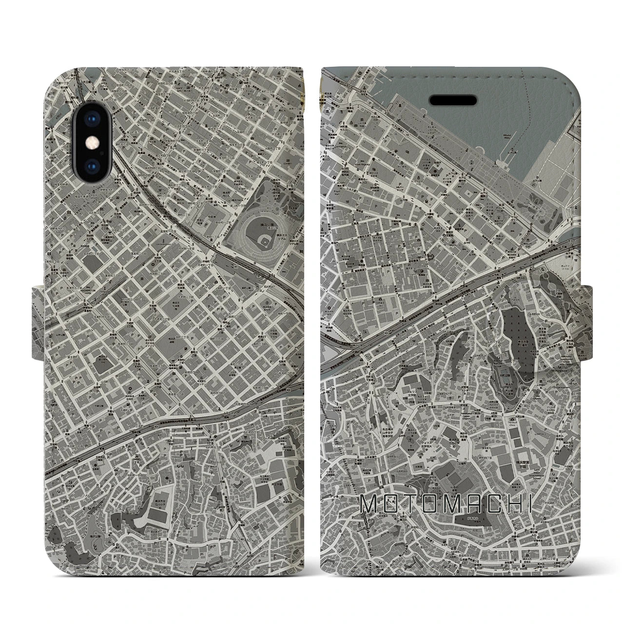 【元町(神奈川県)】地図柄iPhoneケース(手帳タイプ)モノトーン・iPhone XS / X 用